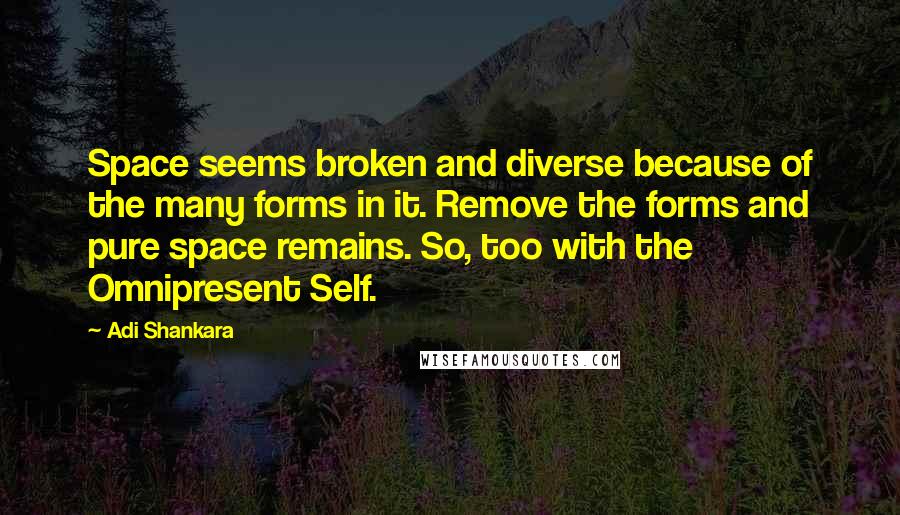 Adi Shankara quotes: Space seems broken and diverse because of the many forms in it. Remove the forms and pure space remains. So, too with the Omnipresent Self. Adi Shankara quotes: Space seems broken and diverse because of the many forms in it. Remove the forms and pure space remains. So, too with the Omnipresent Self.