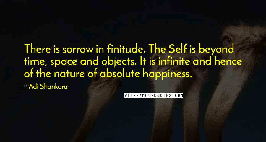 Adi Shankara quotes: There is sorrow in finitude. The Self is beyond time, space and objects. It is infinite and hence of the nature of absolute happiness. Adi Shankara quotes: There is sorrow in finitude. The Self is beyond time, space and objects. It is infinite and hence of the nature of absolute happiness.