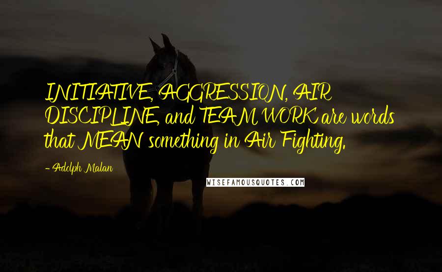 Adolph Malan quotes: INITIATIVE, AGGRESSION, AIR DISCIPLINE, and TEAM WORK are words that MEAN something in Air Fighting. Adolph Malan quotes: INITIATIVE, AGGRESSION, AIR DISCIPLINE, and TEAM WORK are words that MEAN something in Air Fighting.