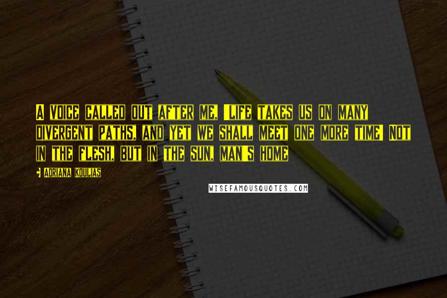 Adriana Koulias quotes: A voice called out after me, 'life takes us on many divergent paths, and yet we shall meet one more time! Not in the flesh, but in the sun, man's
