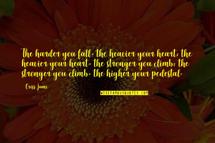 Adversity Strength Achievement Quotes By Criss Jami: The harder you fall, the heavier your heart;