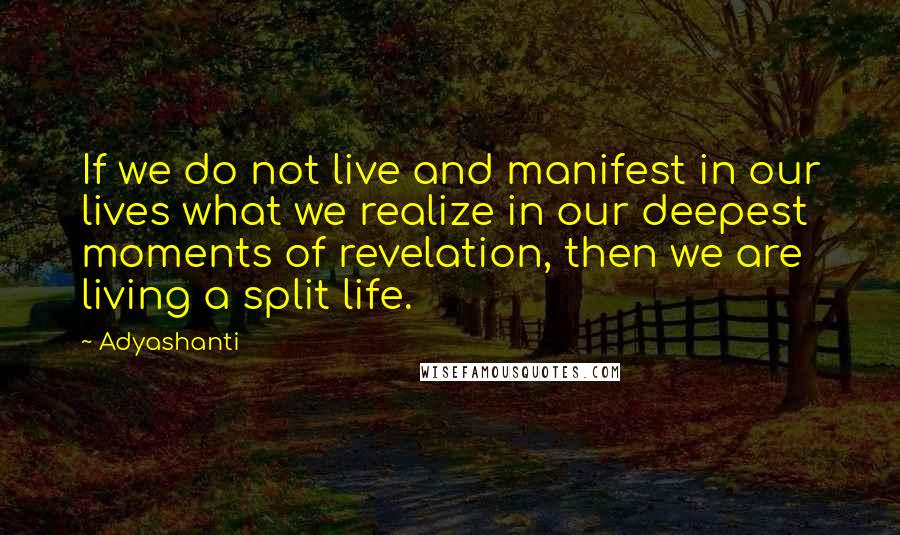 Adyashanti quotes: If we do not live and manifest in our lives what we realize in our deepest moments of revelation, then we are living a split life.
