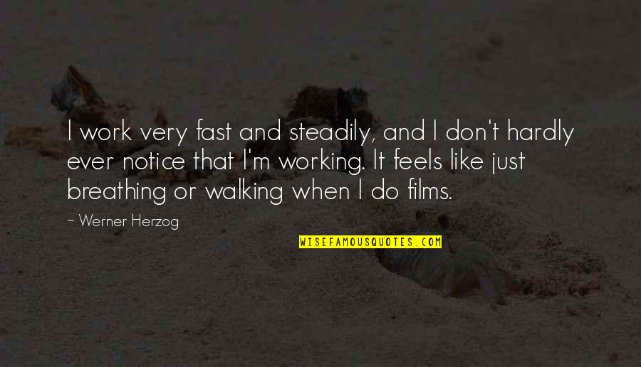 Affirming Others Quotes By Werner Herzog: I work very fast and steadily, and I Affirming Others Quotes By Werner Herzog: I work very fast and steadily, and I