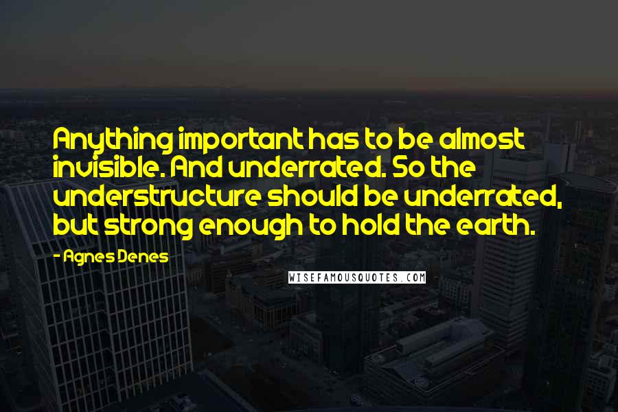 Agnes Denes quotes: Anything important has to be almost invisible. And underrated. So the understructure should be underrated, but strong enough to hold the earth.