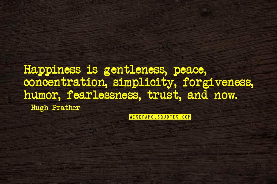 Agustin Barrios Quotes By Hugh Prather: Happiness is gentleness, peace, concentration, simplicity, forgiveness, humor,