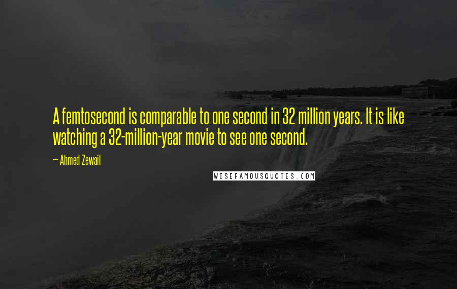 Ahmed Zewail quotes: A femtosecond is comparable to one second in 32 million years. It is like watching a 32-million-year movie to see one second.