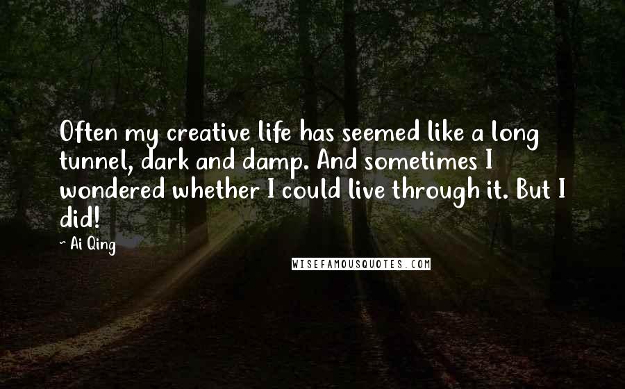 Ai Qing quotes: Often my creative life has seemed like a long tunnel, dark and damp. And sometimes I wondered whether I could live through it. But I did! Ai Qing quotes: Often my creative life has seemed like a long tunnel, dark and damp. And sometimes I wondered whether I could live through it. But I did!