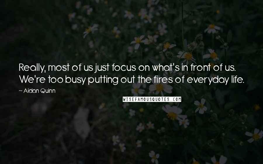 Aidan Quinn quotes: Really, most of us just focus on what's in front of us. We're too busy putting out the fires of everyday life.