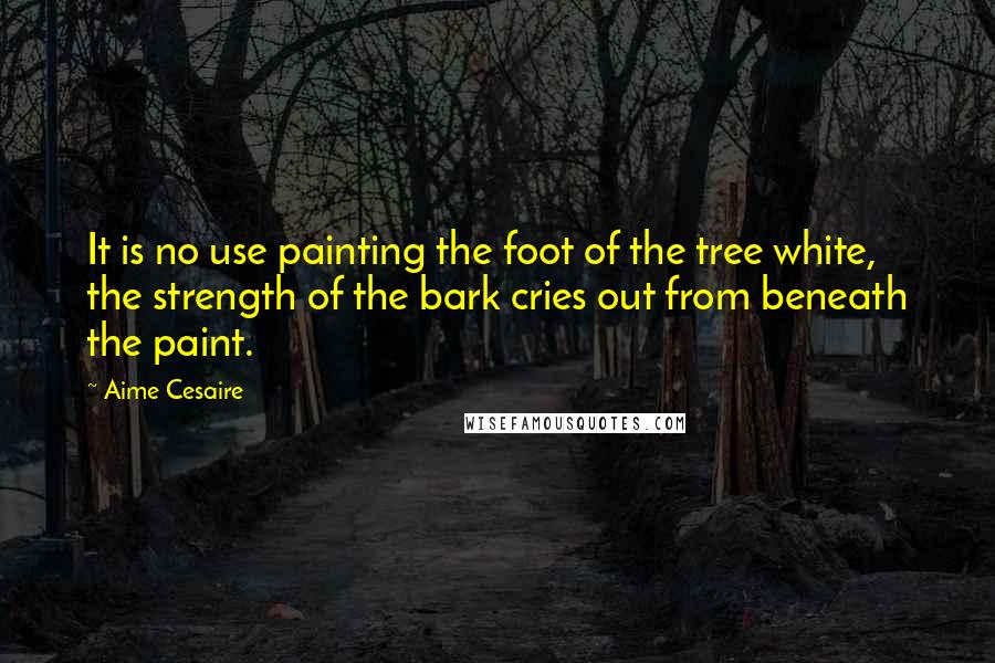 Aime Cesaire quotes: It is no use painting the foot of the tree white, the strength of the bark cries out from beneath the paint.