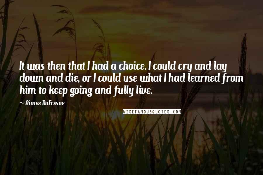 Aimee DuFresne quotes: It was then that I had a choice. I could cry and lay down and die, or I could use what I had learned from him to keep going and