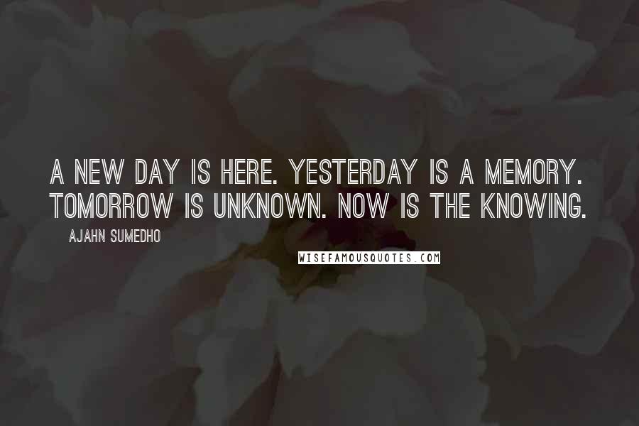 Ajahn Sumedho quotes: A new day is here. Yesterday is a memory. Tomorrow is unknown. Now is the knowing.