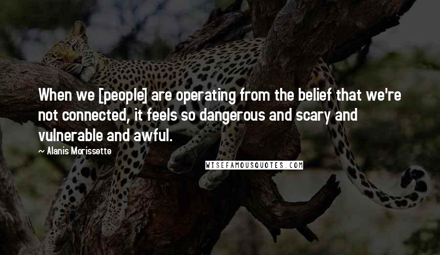 Alanis Morissette quotes: When we [people] are operating from the belief that we're not connected, it feels so dangerous and scary and vulnerable and awful.