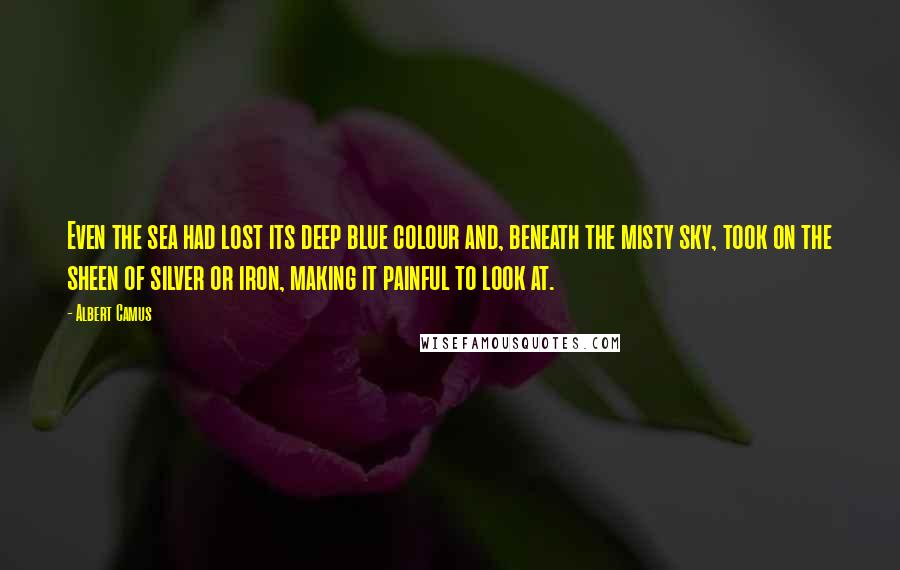 Albert Camus quotes: Even the sea had lost its deep blue colour and, beneath the misty sky, took on the sheen of silver or iron, making it painful to look at. Albert Camus quotes: Even the sea had lost its deep blue colour and, beneath the misty sky, took on the sheen of silver or iron, making it painful to look at.
