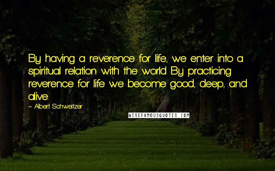 Albert Schweitzer quotes: By having a reverence for life, we enter into a spiritual relation with the world By practicing reverence for life we become good, deep, and alive.