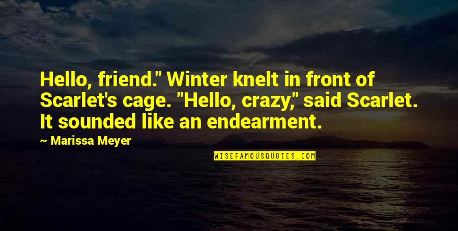 Alcahest Quotes By Marissa Meyer: Hello, friend." Winter knelt in front of Scarlet's