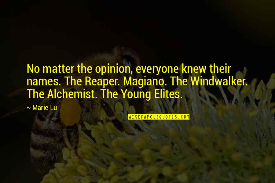 Alchemist Alchemist Quotes By Marie Lu: No matter the opinion, everyone knew their names. Alchemist Alchemist Quotes By Marie Lu: No matter the opinion, everyone knew their names.
