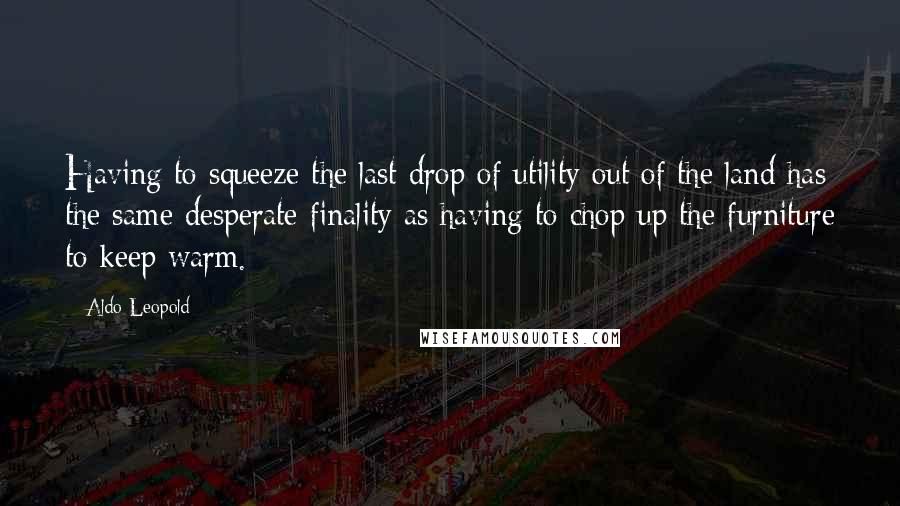 Aldo Leopold quotes: Having to squeeze the last drop of utility out of the land has the same desperate finality as having to chop up the furniture to keep warm.