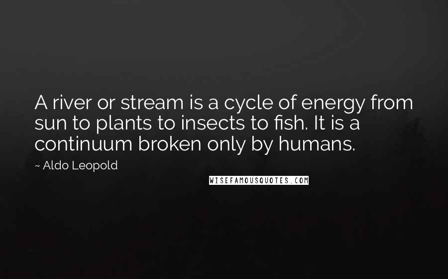 Aldo Leopold quotes: A river or stream is a cycle of energy from sun to plants to insects to fish. It is a continuum broken only by humans.