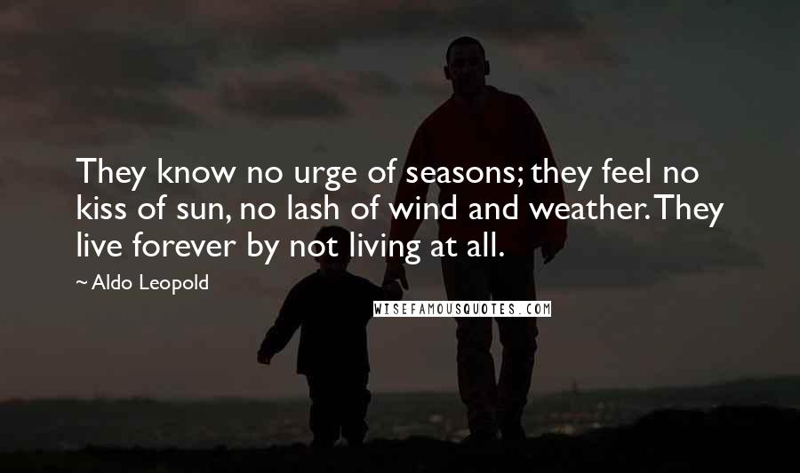 Aldo Leopold quotes: They know no urge of seasons; they feel no kiss of sun, no lash of wind and weather. They live forever by not living at all. Aldo Leopold quotes: They know no urge of seasons; they feel no kiss of sun, no lash of wind and weather. They live forever by not living at all.