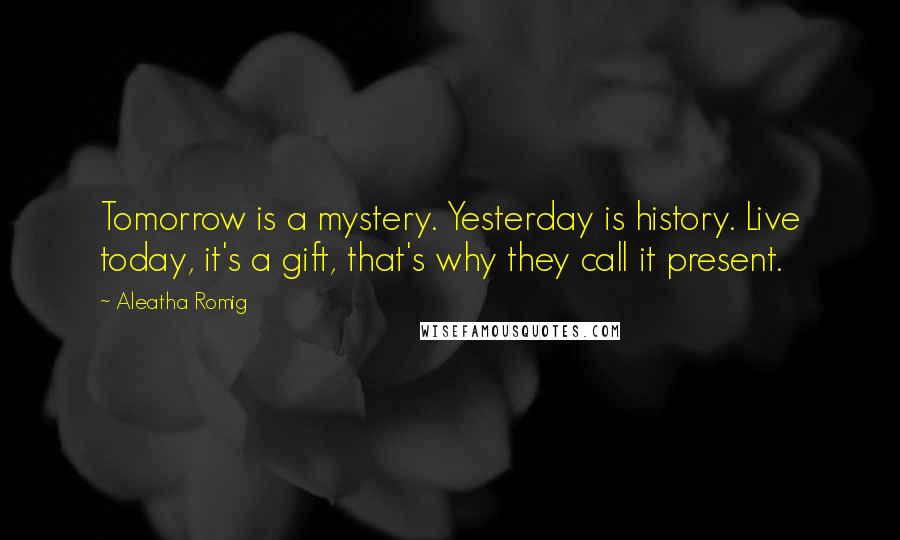 Aleatha Romig quotes: Tomorrow is a mystery. Yesterday is history. Live today, it's a gift, that's why they call it present.