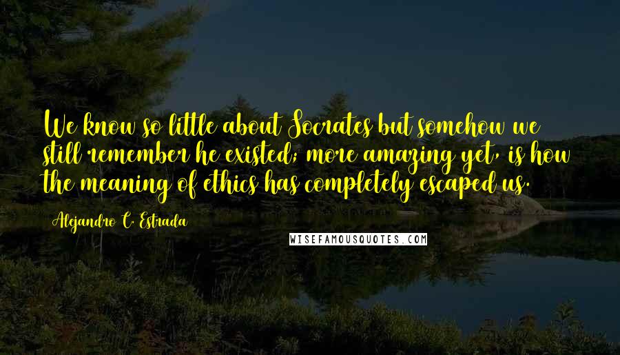 Alejandro C. Estrada quotes: We know so little about Socrates but somehow we still remember he existed; more amazing yet, is how the meaning of ethics has completely escaped us.