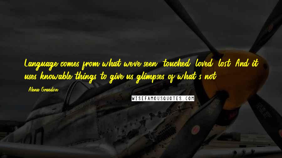 Alena Graedon quotes: Language comes from what we've seen, touched, loved, lost. And it uses knowable things to give us glimpses of what's not.