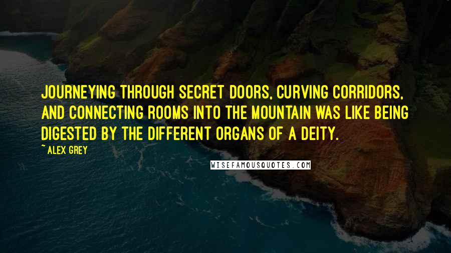 Alex Grey quotes: Journeying through secret doors, curving corridors, and connecting rooms into the mountain was like being digested by the different organs of a deity.