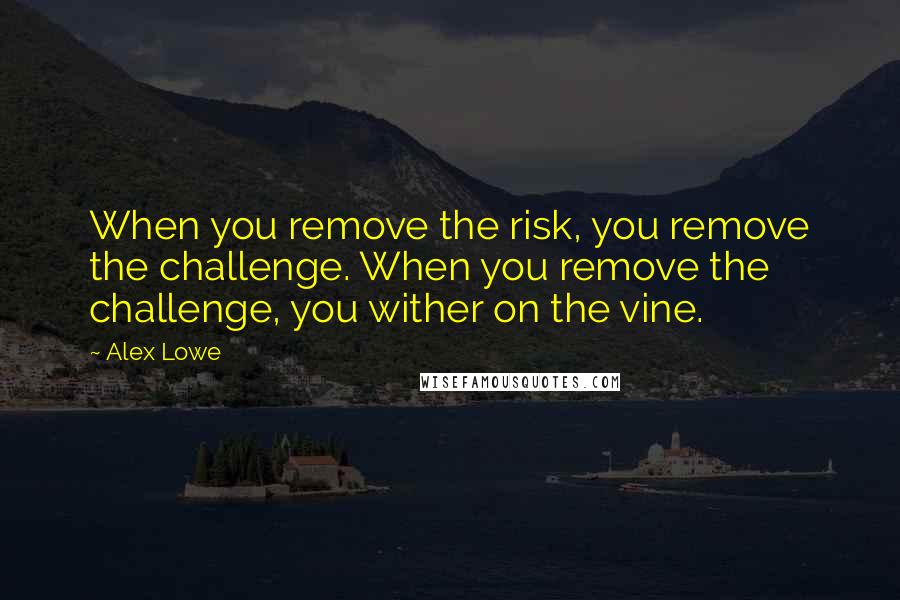 Alex Lowe quotes: When you remove the risk, you remove the challenge. When you remove the challenge, you wither on the vine.