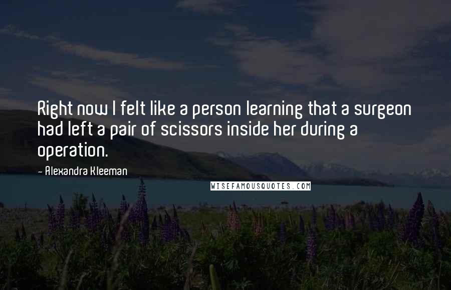 Alexandra Kleeman quotes: Right now I felt like a person learning that a surgeon had left a pair of scissors inside her during a operation.