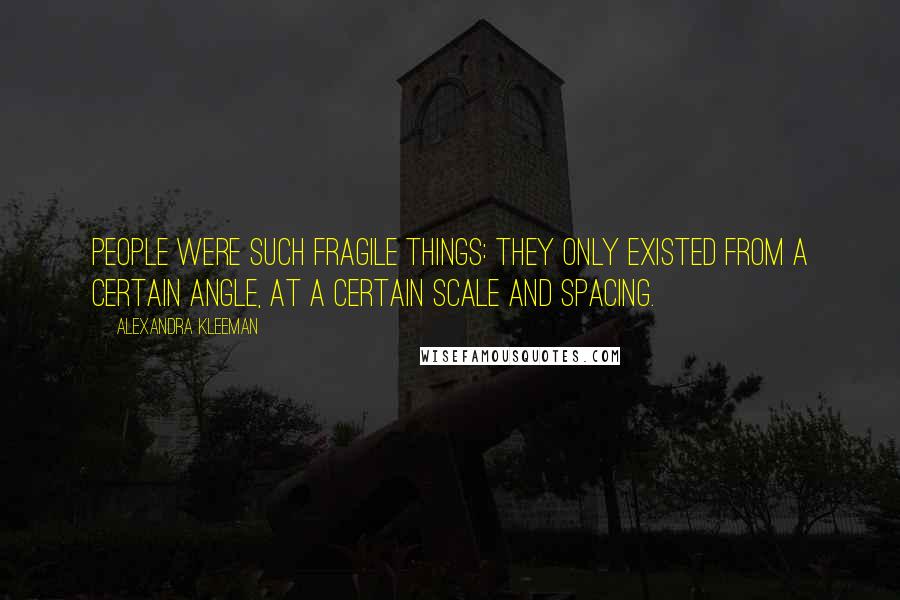 Alexandra Kleeman quotes: People were such fragile things: they only existed from a certain angle, at a certain scale and spacing.