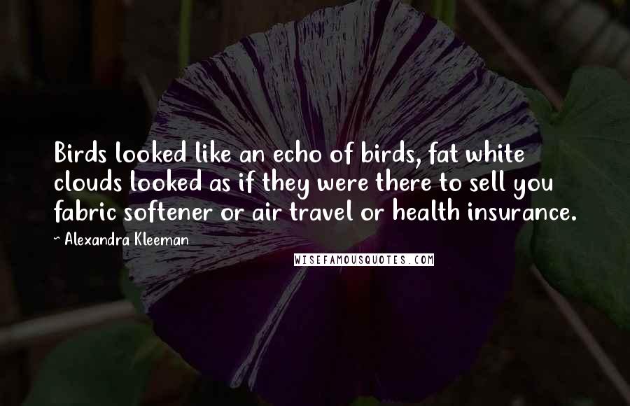 Alexandra Kleeman quotes: Birds looked like an echo of birds, fat white clouds looked as if they were there to sell you fabric softener or air travel or health insurance.