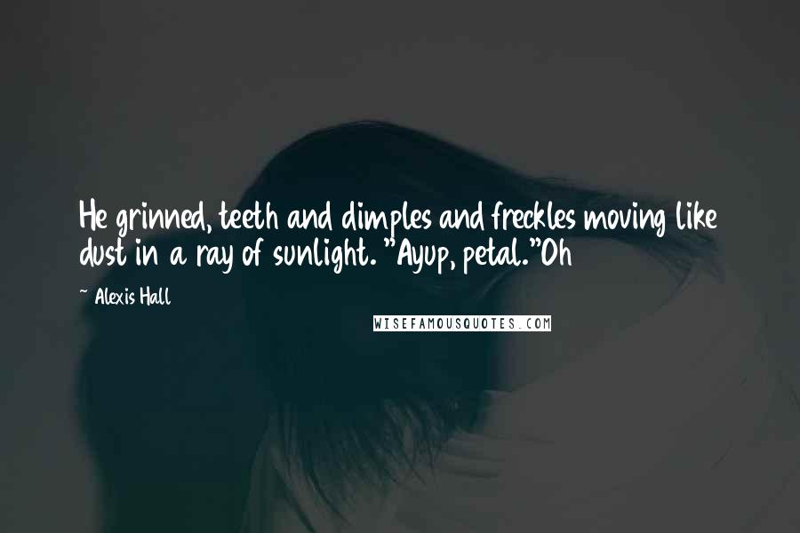 Alexis Hall quotes: He grinned, teeth and dimples and freckles moving like dust in a ray of sunlight. "Ayup, petal."Oh