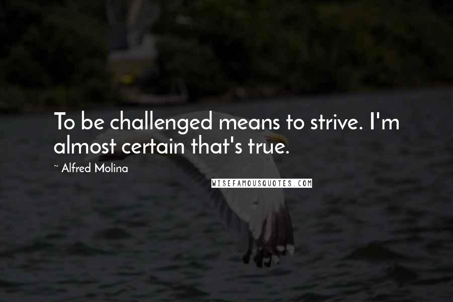 Alfred Molina quotes: To be challenged means to strive. I'm almost certain that's true.