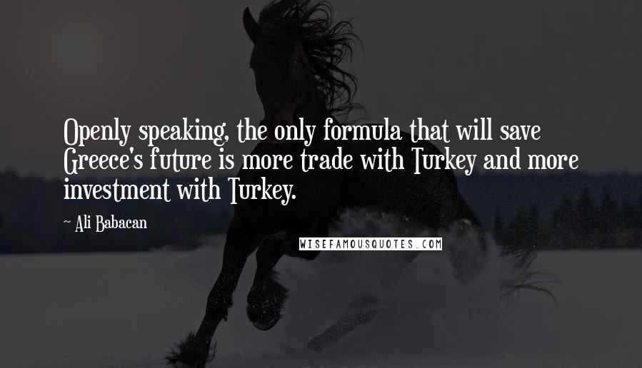 Ali Babacan quotes: Openly speaking, the only formula that will save Greece's future is more trade with Turkey and more investment with Turkey. Ali Babacan quotes: Openly speaking, the only formula that will save Greece's future is more trade with Turkey and more investment with Turkey.