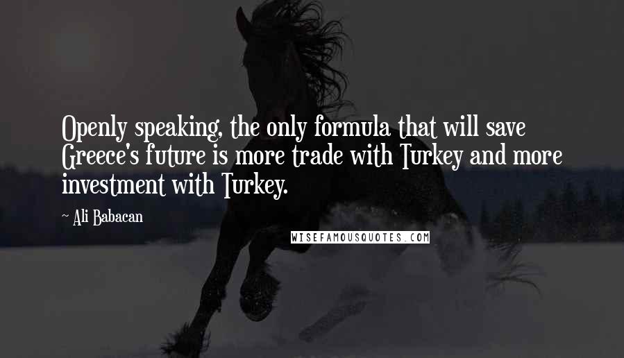 Ali Babacan quotes: Openly speaking, the only formula that will save Greece's future is more trade with Turkey and more investment with Turkey.