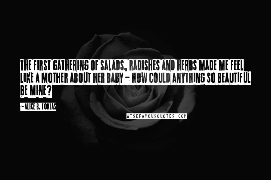 Alice B. Toklas quotes: The first gathering of salads, radishes and herbs made me feel like a mother about her baby - how could anything so beautiful be mine? Alice B. Toklas quotes: The first gathering of salads, radishes and herbs made me feel like a mother about her baby - how could anything so beautiful be mine?