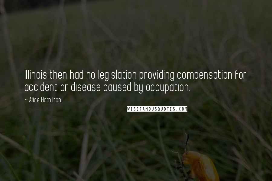 Alice Hamilton quotes: Illinois then had no legislation providing compensation for accident or disease caused by occupation.