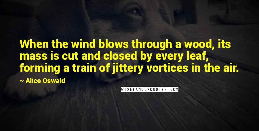 Alice Oswald quotes: When the wind blows through a wood, its mass is cut and closed by every leaf, forming a train of jittery vortices in the air.