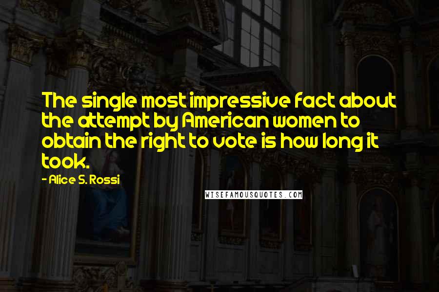 Alice S. Rossi quotes: The single most impressive fact about the attempt by American women to obtain the right to vote is how long it took. Alice S. Rossi quotes: The single most impressive fact about the attempt by American women to obtain the right to vote is how long it took.