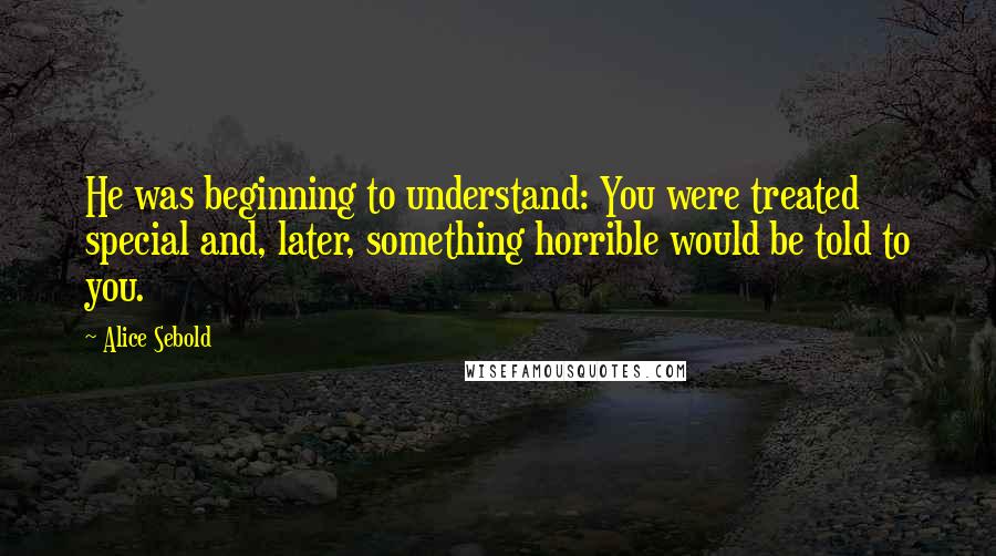 Alice Sebold quotes: He was beginning to understand: You were treated special and, later, something horrible would be told to you.