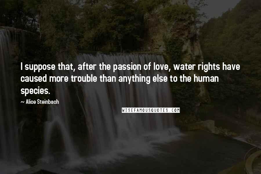 Alice Steinbach quotes: I suppose that, after the passion of love, water rights have caused more trouble than anything else to the human species. Alice Steinbach quotes: I suppose that, after the passion of love, water rights have caused more trouble than anything else to the human species.