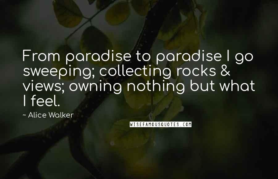 Alice Walker quotes: From paradise to paradise I go sweeping; collecting rocks & views; owning nothing but what I feel.