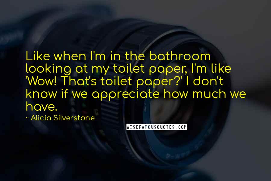 Alicia Silverstone quotes: Like when I'm in the bathroom looking at my toilet paper, I'm like 'Wow! That's toilet paper?' I don't know if we appreciate how much we have. Alicia Silverstone quotes: Like when I'm in the bathroom looking at my toilet paper, I'm like 'Wow! That's toilet paper?' I don't know if we appreciate how much we have.