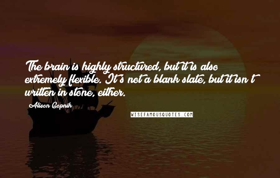 Alison Gopnik quotes: The brain is highly structured, but it is also extremely flexible. It's not a blank slate, but it isn't written in stone, either.