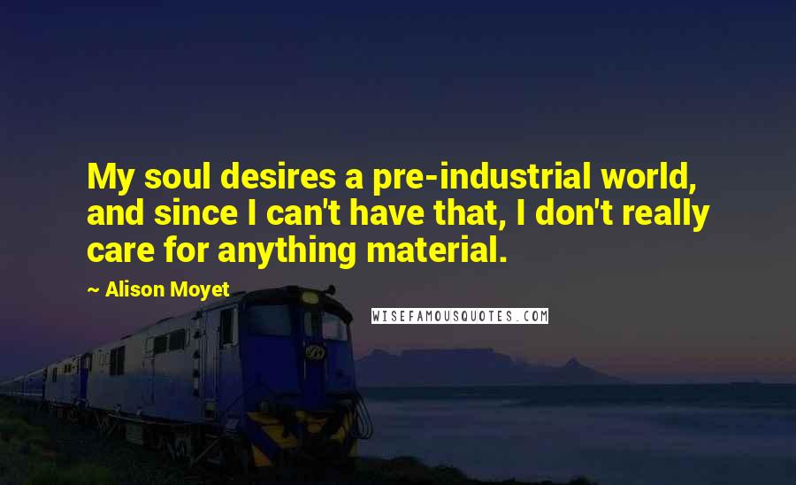 Alison Moyet quotes: My soul desires a pre-industrial world, and since I can't have that, I don't really care for anything material. Alison Moyet quotes: My soul desires a pre-industrial world, and since I can't have that, I don't really care for anything material.