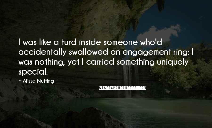 Alissa Nutting quotes: I was like a turd inside someone who'd accidentally swallowed an engagement ring: I was nothing, yet I carried something uniquely special.