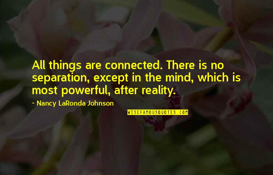 All Things Connected Quotes By Nancy LaRonda Johnson: All things are connected. There is no separation,