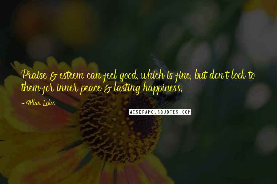 Allan Lokos quotes: Praise & esteem can feel good, which is fine, but don't look to them for inner peace & lasting happiness.