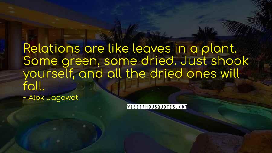 Alok Jagawat quotes: Relations are like leaves in a plant. Some green, some dried. Just shook yourself, and all the dried ones will fall.
