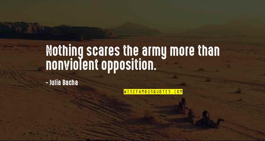 Alongando Quotes By Julia Bacha: Nothing scares the army more than nonviolent opposition. Alongando Quotes By Julia Bacha: Nothing scares the army more than nonviolent opposition.